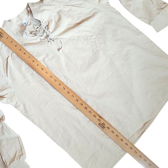 Mens Large Medieval Renaissance Lace-Up Linen Shirt Beige Long Sleeve Pirate - Picture 11 of 12